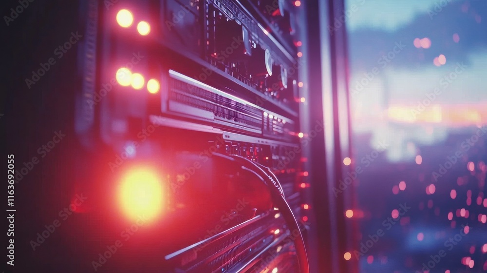 Poster tech server racks with animated light pulses