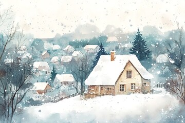 Fototapeta premium Watercolor Painting of a Snowy Village Landscape