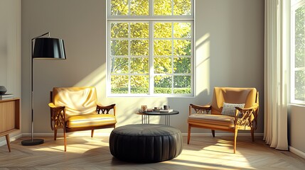 A chic mid-century modern living room with tan leather chairs, light grey walls, and warm wooden floors