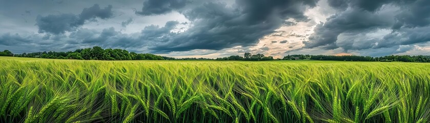 Vibrant green wheat field under a cloudy sky, lush freshness concept