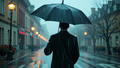 Rainy City Street Scene: Man with Umbrella