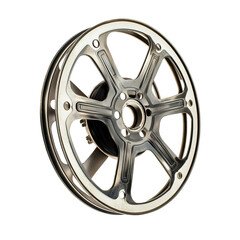 Obraz premium Wheel with spokes is shown in a white background.
