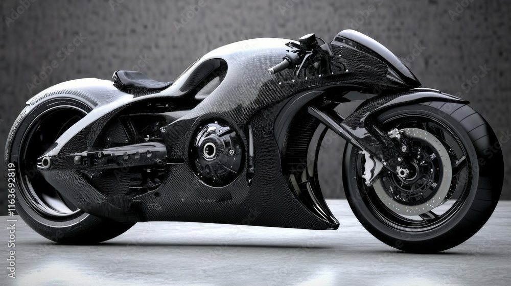 Poster sleek black motorcycle showcasing modern design and high-performance features in a minimalist studio