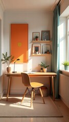 Fototapeta premium modern minimalistic interior cabinet room with sofa in pastel pink or peachy colors with big windows space for pictures frame, light and soft atmosphere, things for decoration, design
