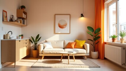 modern minimalistic interior living room with sofa in pastel pink or peachy colors with space for pictures frame, light and soft atmosphere, things for decoration, design