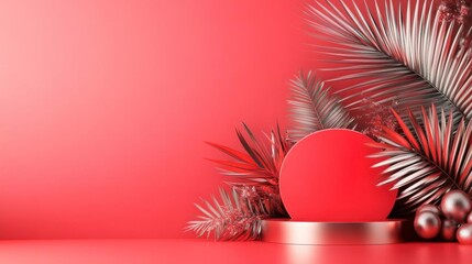 Vibrant Red Podium with Tropical Leaves & Metallic Spheres