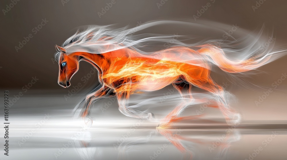 Poster dynamic horse galloping with fiery mane and tail in an abstract setting