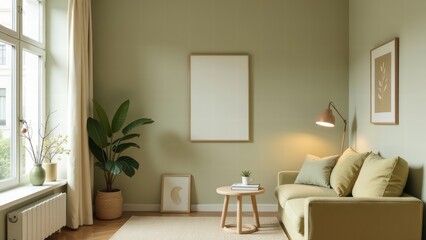modern minimalistic interior living room with sofa big large window in pastel green and olive colors with space for pictures frame, light and soft atmosphere, things for decoration, design