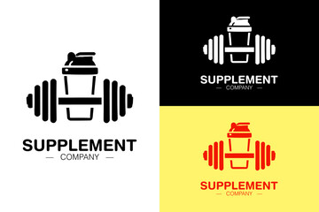 Naklejka premium a shaker bottle and dumbbell, supplements company logo, workout, gym, body building, weight lifting, muscles, nutrition, diet, gym products, protein, vitamin, icon, vector arts,