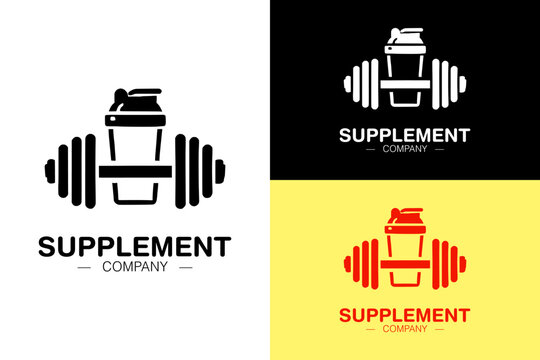 a shaker bottle and dumbbell, supplements company logo, workout, gym, body building, weight lifting, muscles, nutrition, diet, gym products, protein, vitamin, icon, vector arts,