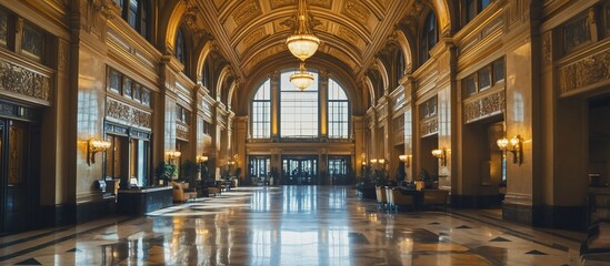 Obraz premium Grand hotel lobby with polished marble floors and ornate details.