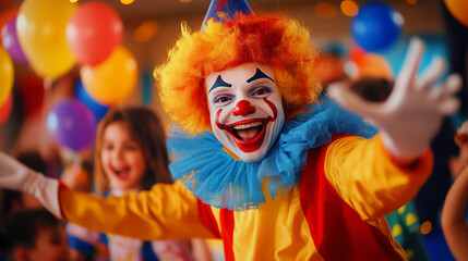 Cheerful man in clown costume, funny kind clown animating kids at outdoor birthday party.