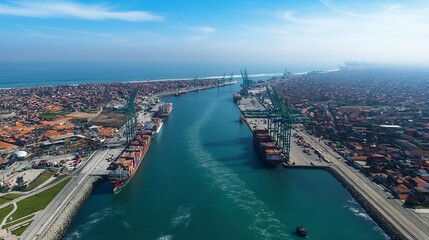 Naklejka premium Aerial View of Tanjung Emas Port, Semarang, Indonesia: A bustling hub of maritime trade and commerce.