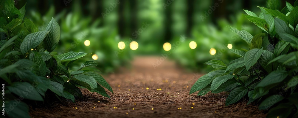 Poster mystical wild idea. a serene forest path lined with lush greenery and soft glowing lights.