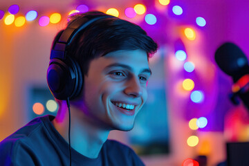 Young gamer with headphones smiling in colorful bokeh lit room