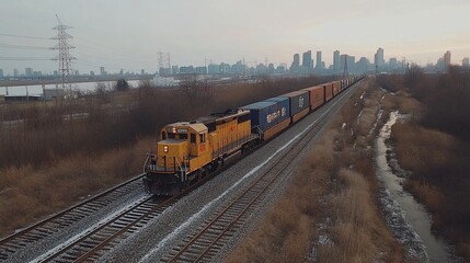 Freight Train Rolling Through Winter Landscape Towards City Skyline