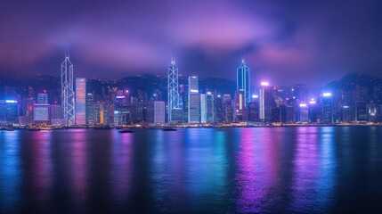 Fototapeta premium Vibrant Skyline at Night: A Dazzling Display of City Lights and Reflections