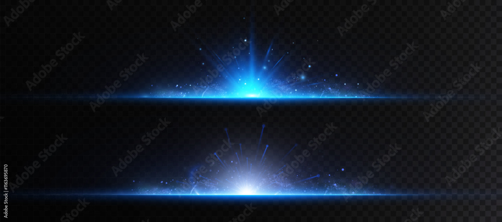 Aufkleber abstract blue horizontal glow light effect. bright explosion of flickering rays of light on transpar