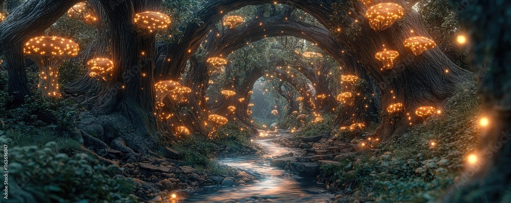 Poster mystical ecosystem concept. a mystical forest path illuminated by glowing mushrooms and enchanting f