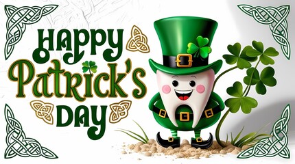 Happy St. Patrick's Day card with tooth in leprechaun costume and hat with clover leaves. Web background, flyer, poster for celebration.