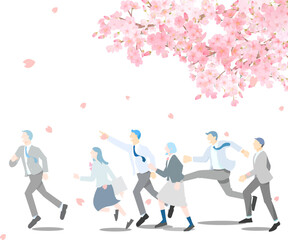桜と走る学生男女ー横顔ー全身ー卒業入学ー桜舞い散る背景と人物シンプルベクターイラスト素材