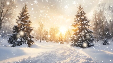Snowy winter landscape with falling snowflakes, serene scenery with snow-covered trees and ground under a gray sky