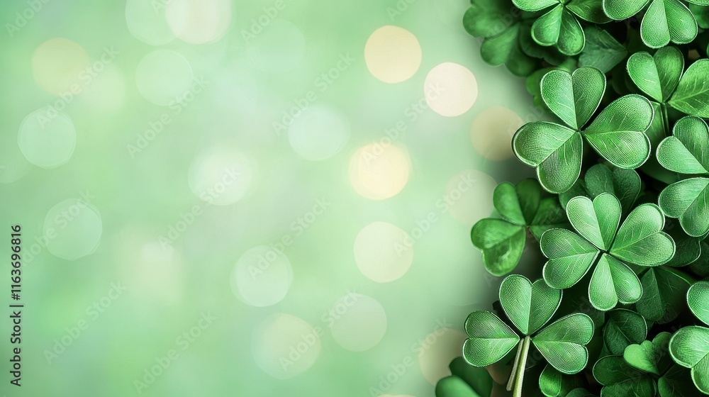 Poster st. patrick's day background concept, soft green bokeh background with shamrocks creating a serene a
