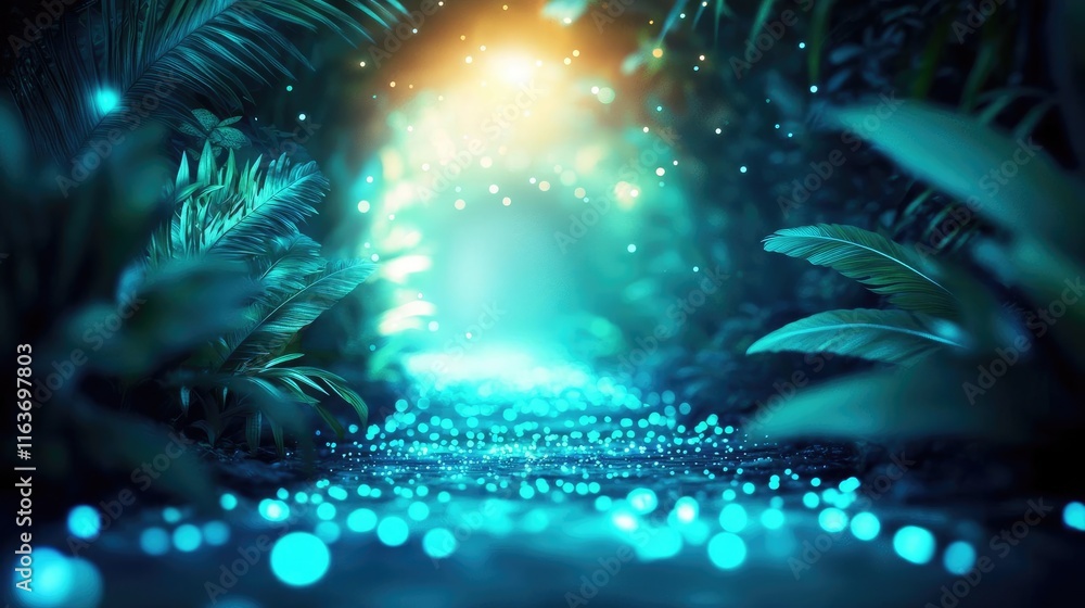 Poster mystical natural concept. enchanted forest path illuminated by glowing orbs, creating a magical atmo