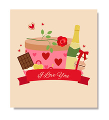 Card with the inscription "I love you" and holiday symbols on a pink background. Banner template. Vector illustration. Flat illustration.