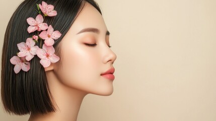 Fototapeta premium Serene Beauty: A Portrait of a Woman Adorned with Delicate Pink Blossoms