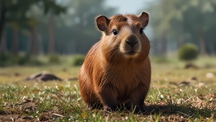 Capibara on the background of wild nature in cartoon style for baby booc.
