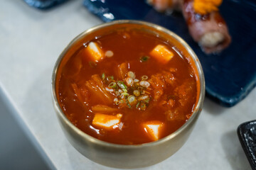 Kimchi soup vegetable tofu stew Korean food meal dinner spice dish