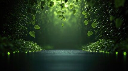 Mystical ecosystem concept. A serene pathway surrounded by lush green foliage in a tranquil environment.