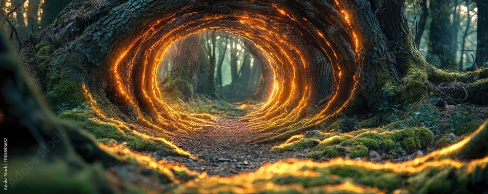 Poster mystical wild idea. magical forest scene with glowing trees and an enchanting pathway.