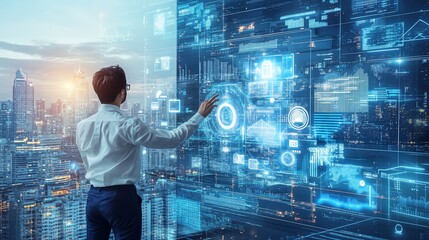 Futuristic Businessman Interacting with Holographic Interface Over Cityscape