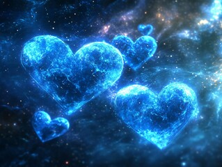 Glowing Blue Hearts in Cosmic Nebula- Abstract Love Art