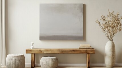 Blank wall art canvas mockup placed above a wooden console in a neutral-colored room