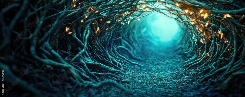 Aufkleber mystical natural concept. a mesmerizing forest path illuminated by ethereal light through intertwine