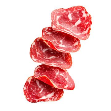 Thin slices of cured meat Capocollo isolated on white transparent background, showcasing marbled texture and vibrant red color, concept of gastronomy