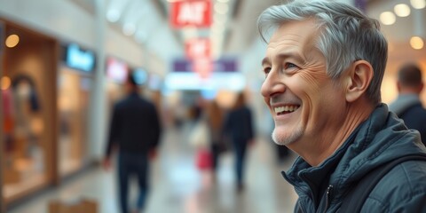 A cheerful man enjoys his shopping experience at a bustling mall, surrounded by busy shoppers and vibrant stores, creating a lively atmosphere