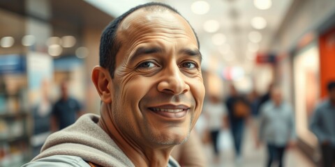 Fototapeta premium A satisfied man explores the vibrant mall, exuding happiness while engaging in shopping. The lively atmosphere buzzes with other shoppers, creating a joyful environment
