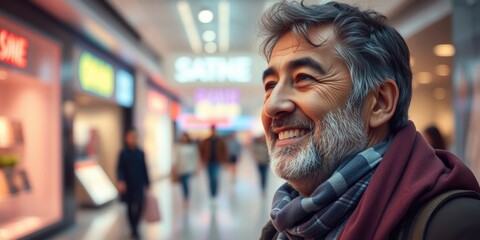 Obraz premium A satisfied man walks through a bustling mall, wearing a warm scarf and a smile. He radiates happiness, embracing the thrill of shopping and leisurely exploration