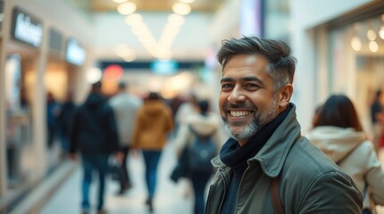 Obraz premium A man with a satisfied smile strolls through a lively mall, surrounded by numerous shoppers as he embraces the joy of retail therapy on a bright afternoon