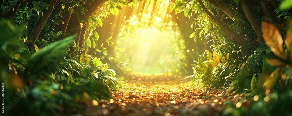 Poster mystical natural concept. a serene forest path illuminated by soft sunlight filtering through dense 