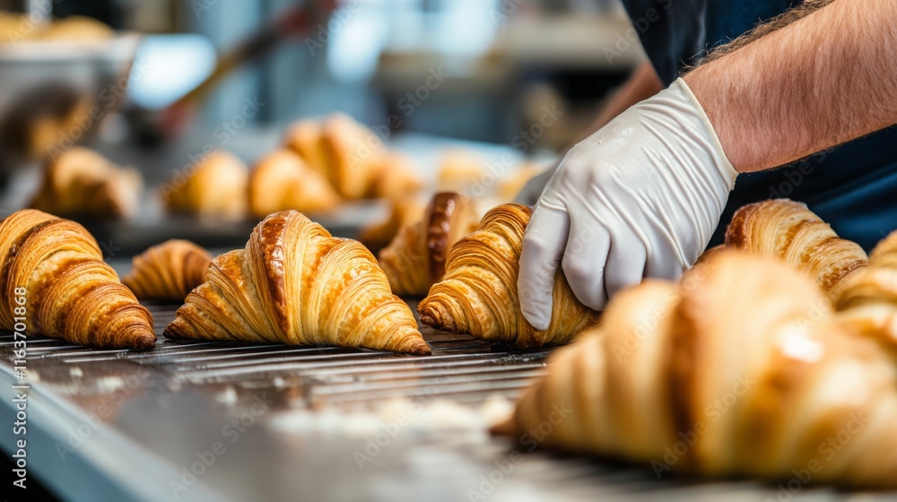 Poster Skilled workers in a bakery are assembling and preparing freshly baked croissants on a production line. The process showcases the precision and care taken in food production.