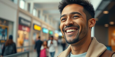 Fototapeta premium A satisfied man walks through the mall, beaming with joy as he explores various shops. The atmosphere is lively, filled with other shoppers and colorful displays