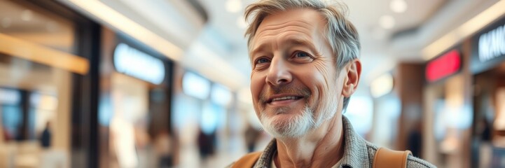 A man with a warm smile beams with satisfaction as he strolls through a vibrant mall. Surrounded by shops, he enjoys the exciting atmosphere of shopping and leisure