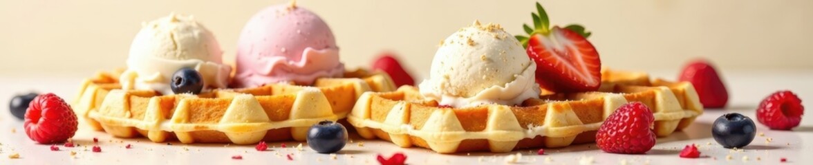 Golden waffles, scoops of ice cream, isolated , still life, milk