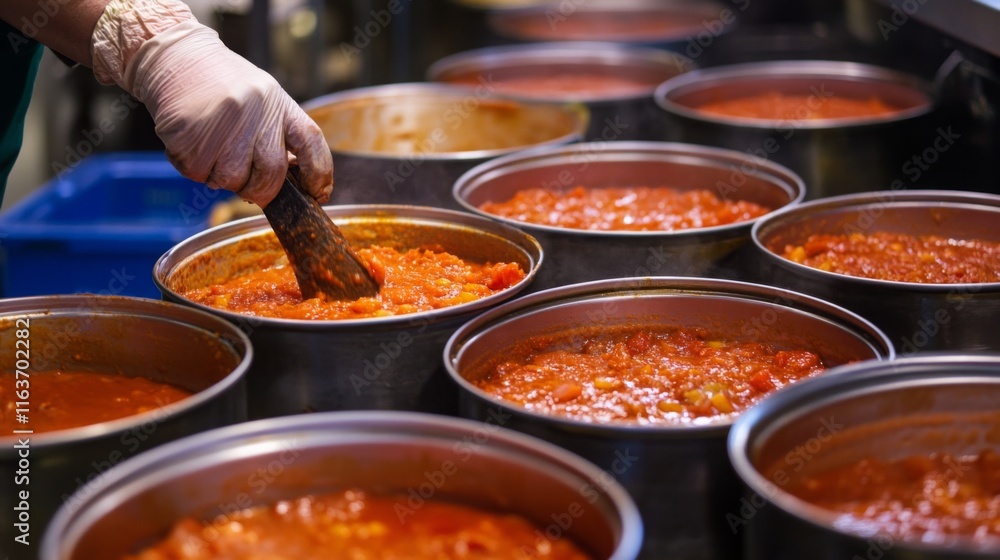 Aufkleber a worker follows a streamlined food production process, stirring simmering pots filled with rich sau