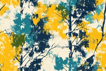Abstract Forest Pattern in Bold Yellow, Teal, and Navy